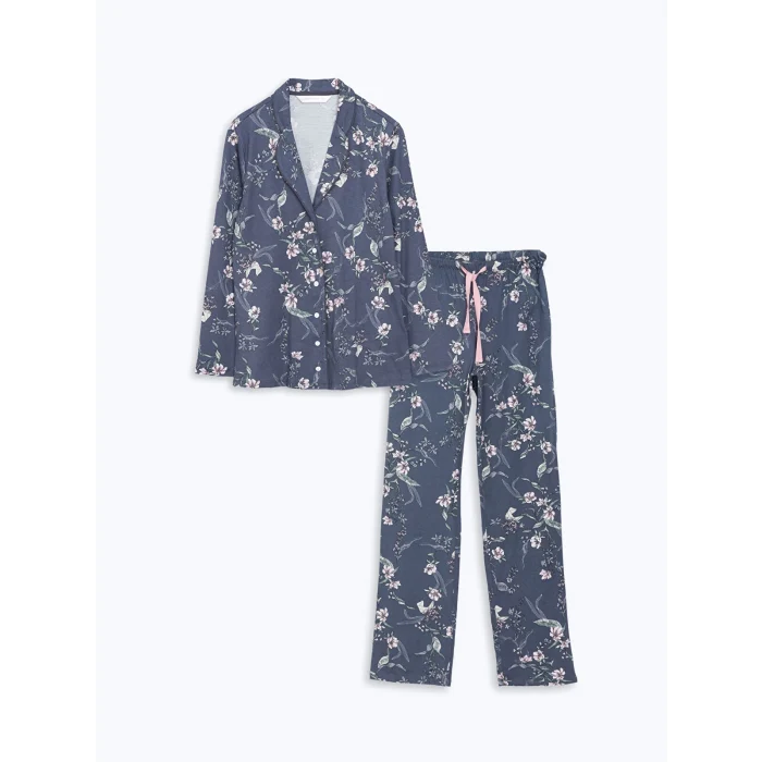 LCW DREAM ANTRASİT Gömlek Yaka Çiçekli Kadın Pijama Takım