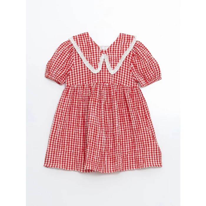 LCW Kids KIRMIZI Ekoseli Krinkle Dantel Detaylı Kız Çocuk Elbise
