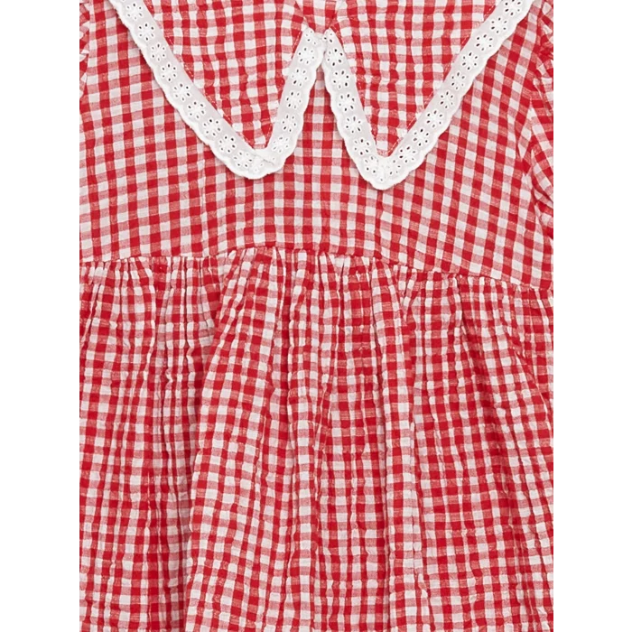 LCW Kids KIRMIZI Ekoseli Krinkle Dantel Detaylı Kız Çocuk Elbise