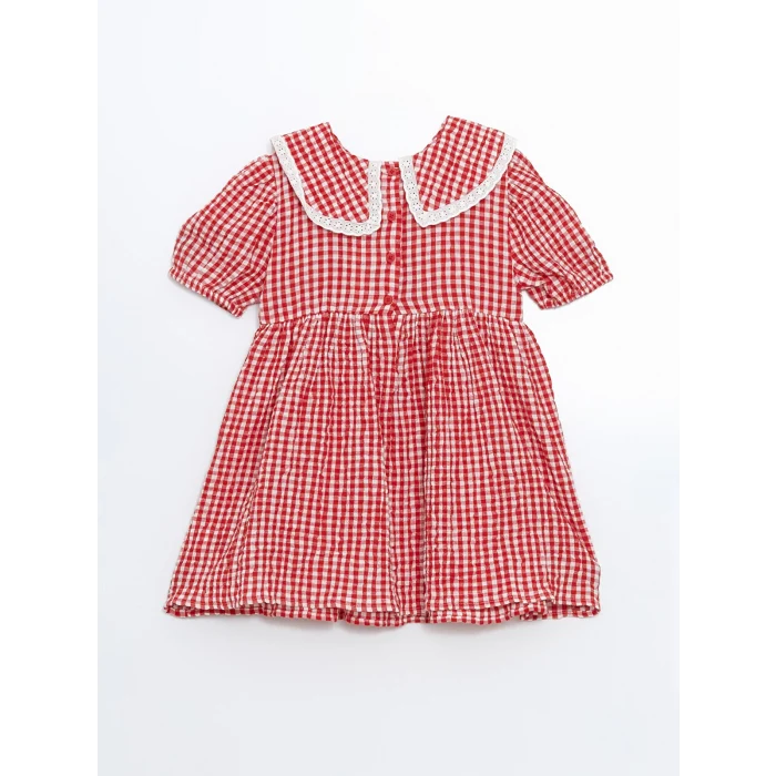 LCW Kids KIRMIZI Ekoseli Krinkle Dantel Detaylı Kız Çocuk Elbise