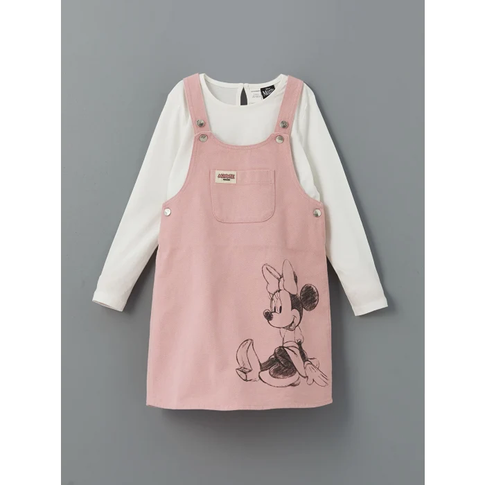 LCW Kids PEMBE Minnie Mouse Baskılı Kız Çocuk Salopet Elbise ve Tişört 2li