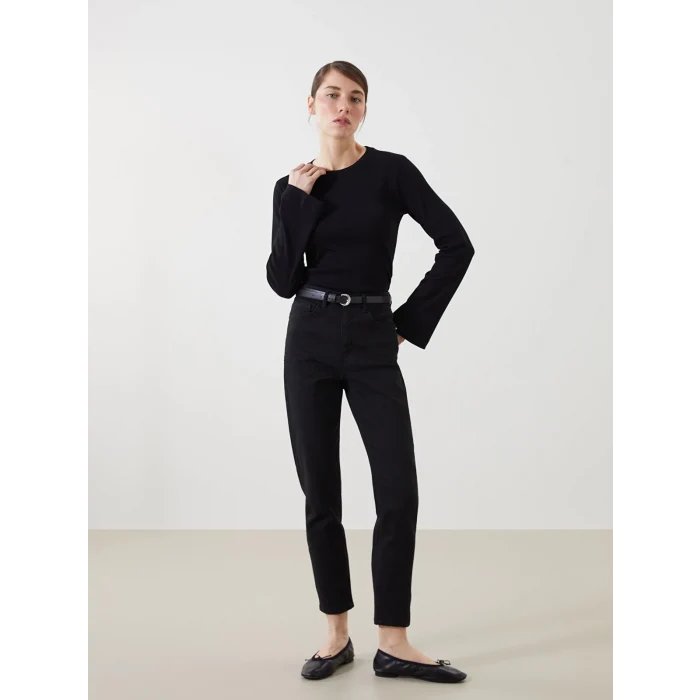 LCW Jeans SİYAH Beli Kemerli Mom Fit Kadın Jean Pantolon