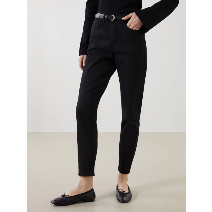 LCW Jeans SİYAH Beli Kemerli Mom Fit Kadın Jean Pantolon