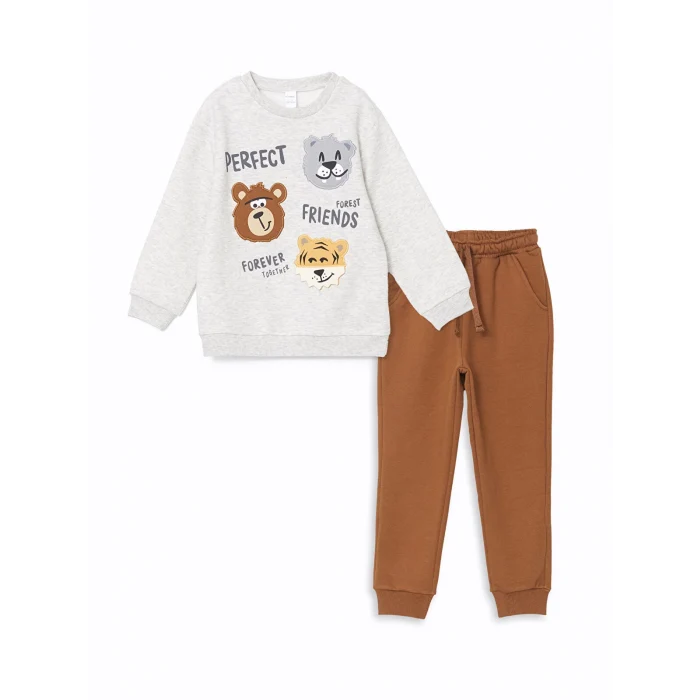 LCW Kids BEYAZ Bisiklet Yaka Baskılı Erkek Bebek Sweatshirt ve Eşofman Alt 2li