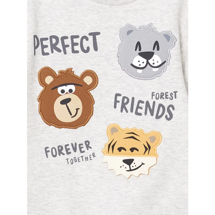 LCW Kids BEYAZ Bisiklet Yaka Baskılı Erkek Bebek Sweatshirt ve Eşofman Alt 2li