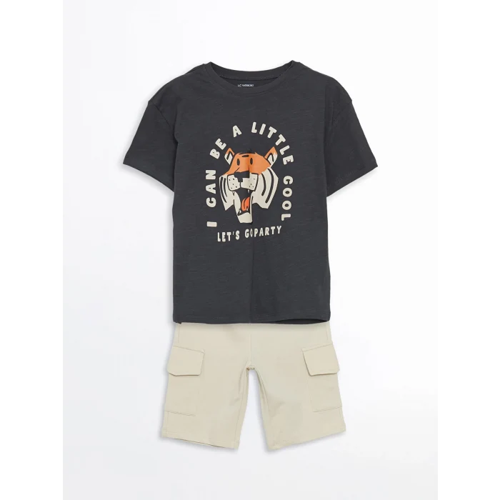 LCW Kids ANTRASİT Bisiklet Yaka Baskılı Erkek Çocuk Tişört ve Şort 2li