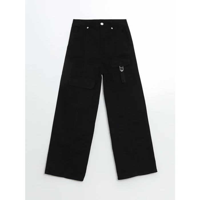 LCW Kids SİYAH Beli Ayarlanabilir Lastikli Kız Çocuk Kargo Pantolon