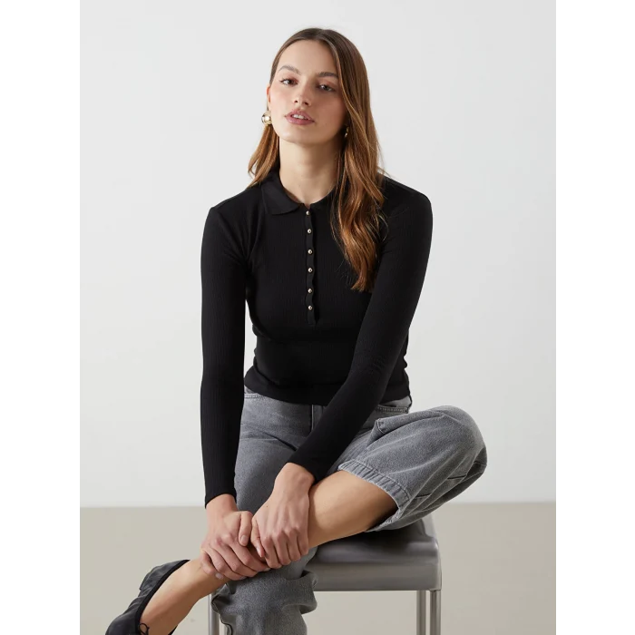 LCW Vision SİYAH Polo Yaka Dokulu Kadın Tişört