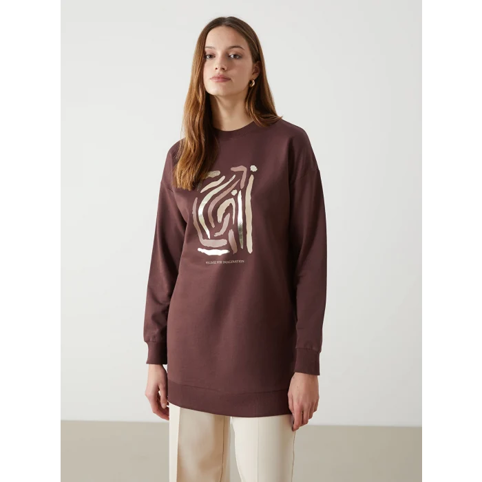 LCW Modest KAHVERENGİ Bisiklet Yaka Baskılı Oversize Kadın Sweatshirt Tunik