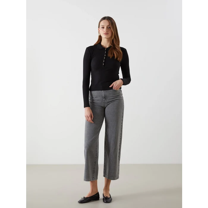 LCW Vision SİYAH Polo Yaka Dokulu Kadın Tişört