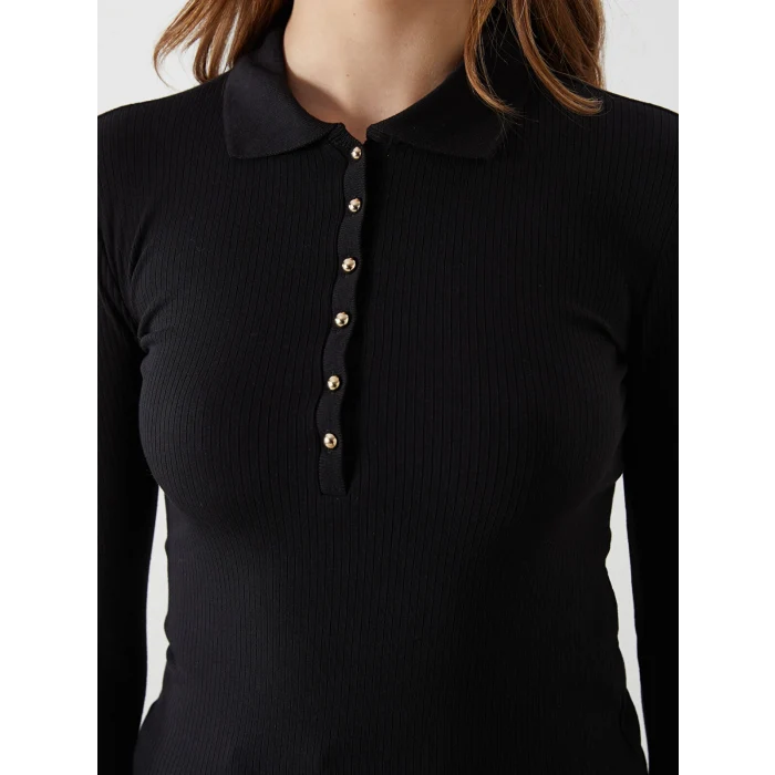 LCW Vision SİYAH Polo Yaka Dokulu Kadın Tişört