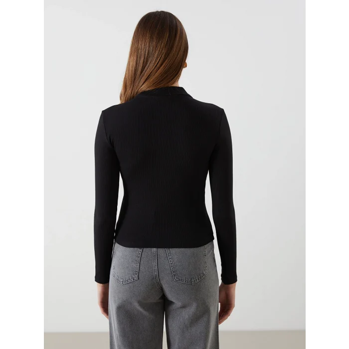 LCW Vision SİYAH Polo Yaka Dokulu Kadın Tişört