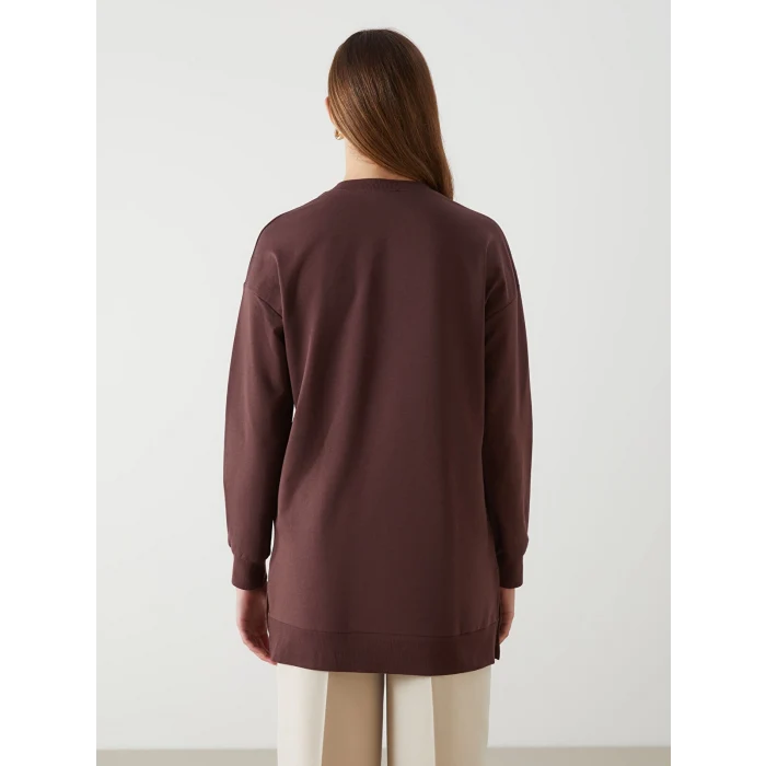 LCW Modest KAHVERENGİ Bisiklet Yaka Baskılı Oversize Kadın Sweatshirt Tunik