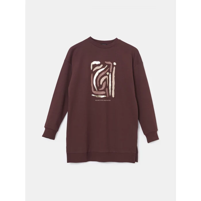 LCW Modest KAHVERENGİ Bisiklet Yaka Baskılı Oversize Kadın Sweatshirt Tunik