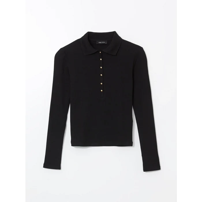 LCW Vision SİYAH Polo Yaka Dokulu Kadın Tişört