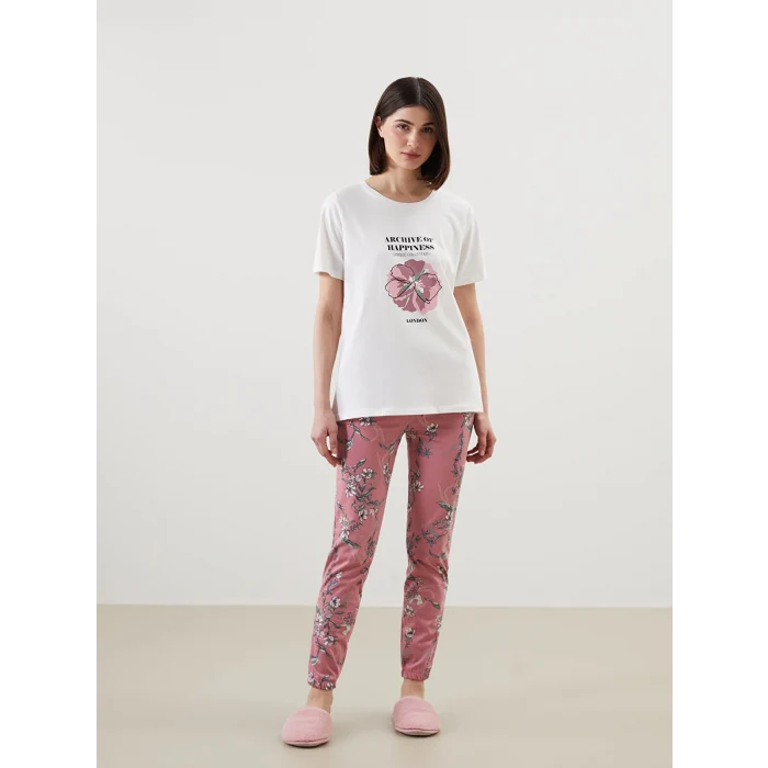 LCW DREAM PEMBE Bisiklet Yaka Çiçekli Kadın Pijama Takımı