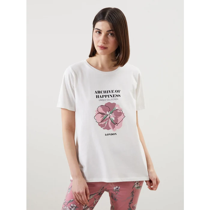 LCW DREAM PEMBE Bisiklet Yaka Çiçekli Kadın Pijama Takımı