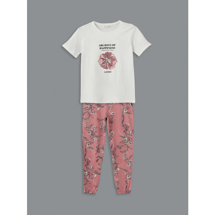 LCW DREAM PEMBE Bisiklet Yaka Çiçekli Kadın Pijama Takımı