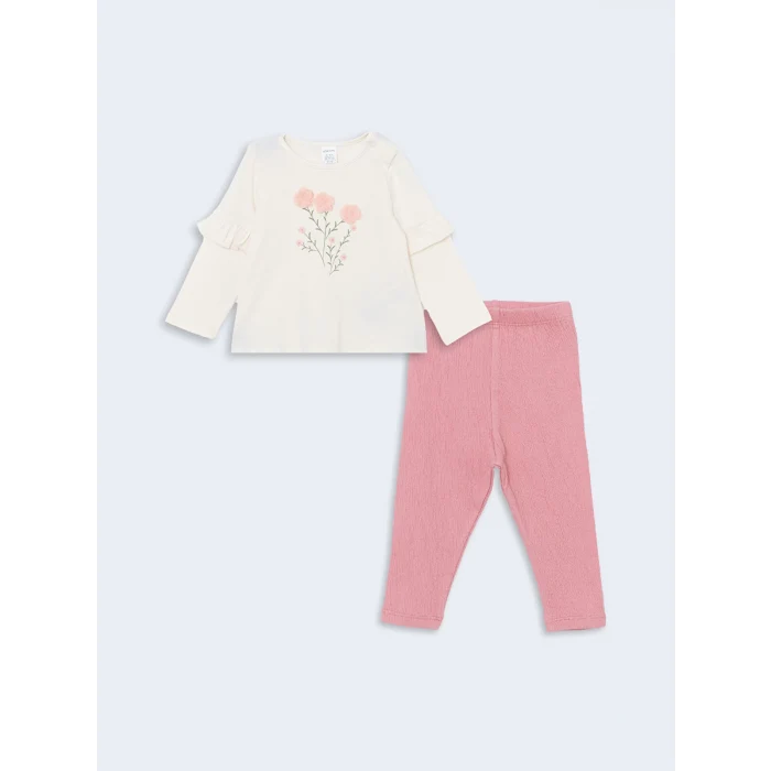 LCW baby EKRU Bisiklet Yaka Baskılı Kız Bebek Bluz ve Tayt 2li Takım