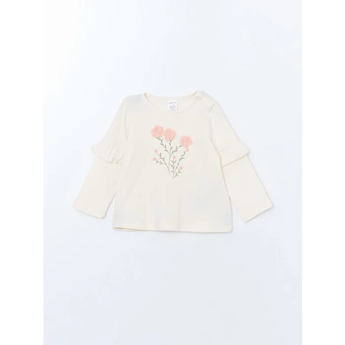 LCW baby EKRU Bisiklet Yaka Baskılı Kız Bebek Bluz ve Tayt 2li Takım