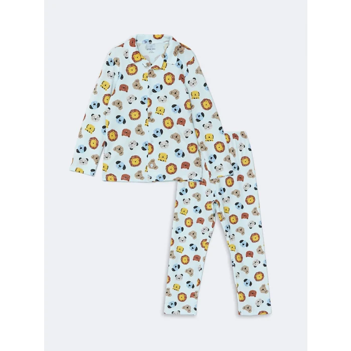 LCW baby MAVİ Polo Yaka Baskılı Erkek Bebek Pijama Takımı
