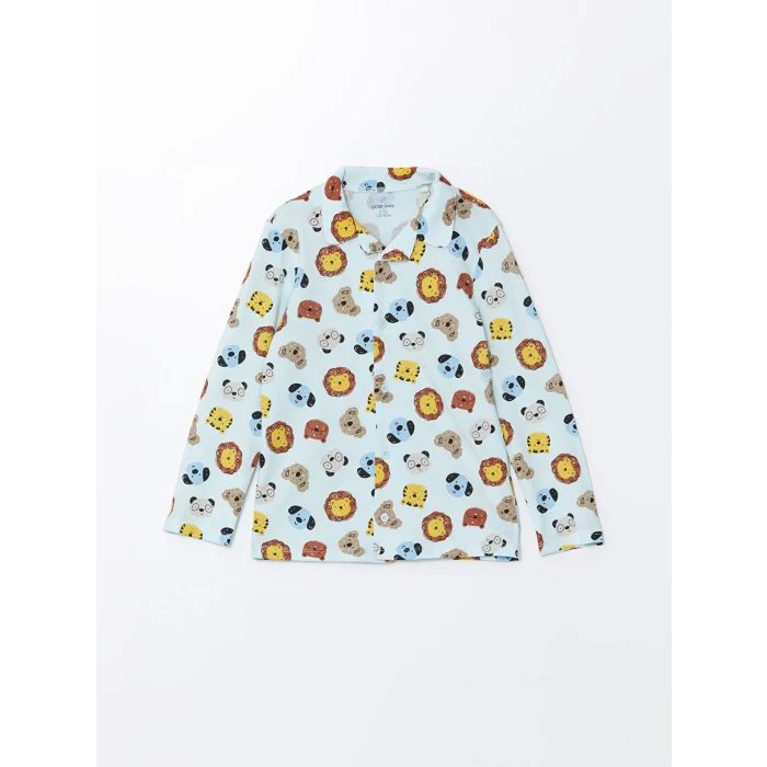 LCW baby MAVİ Polo Yaka Baskılı Erkek Bebek Pijama Takımı