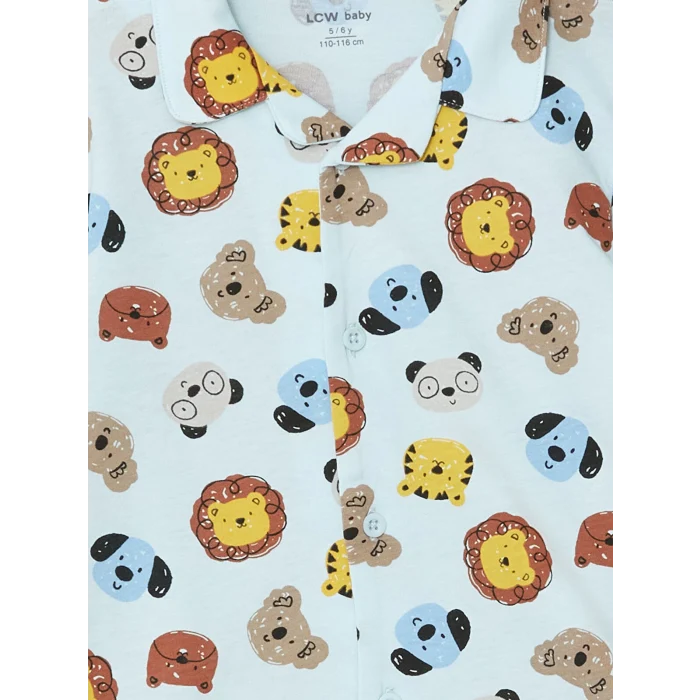 LCW baby MAVİ Polo Yaka Baskılı Erkek Bebek Pijama Takımı