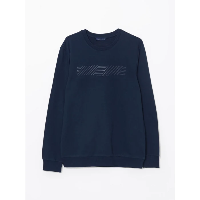 LCWAIKIKI Classic LACİVERT Bisiklet Yaka Uzun Kollu Baskılı Erkek Sweatshirt