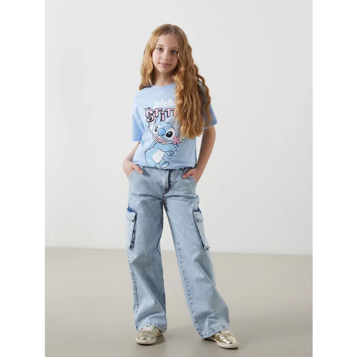 LCW Kids MAVİ Beli Ayarlanabilir Lastikli Kız Çocuk Kargo Jean Pantolon