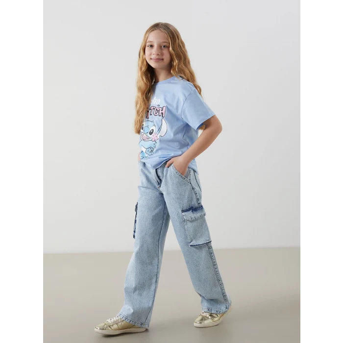 LCW Kids MAVİ Beli Ayarlanabilir Lastikli Kız Çocuk Kargo Jean Pantolon