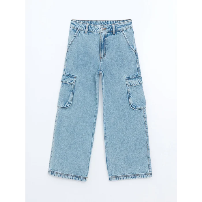 LCW Kids MAVİ Beli Ayarlanabilir Lastikli Kız Çocuk Kargo Jean Pantolon
