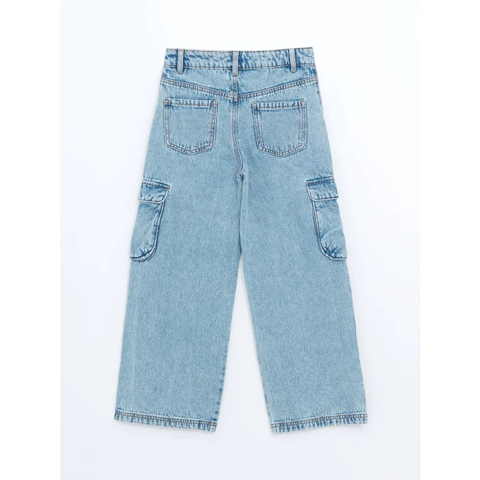 LCW Kids MAVİ Beli Ayarlanabilir Lastikli Kız Çocuk Kargo Jean Pantolon