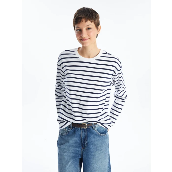 LCW Vision LACİVERT Bisiklet Yaka Çizgili Kadın Tişört