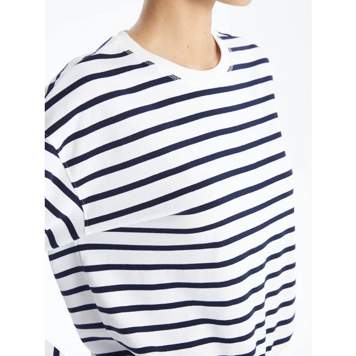 LCW Vision LACİVERT Bisiklet Yaka Çizgili Kadın Tişört