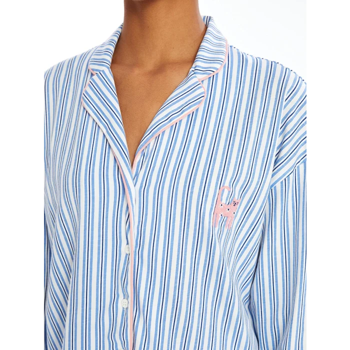 LCW DREAM EKRU Gömlek Yaka Çizgili Uzun Kollu Kadın Pijama Takımı