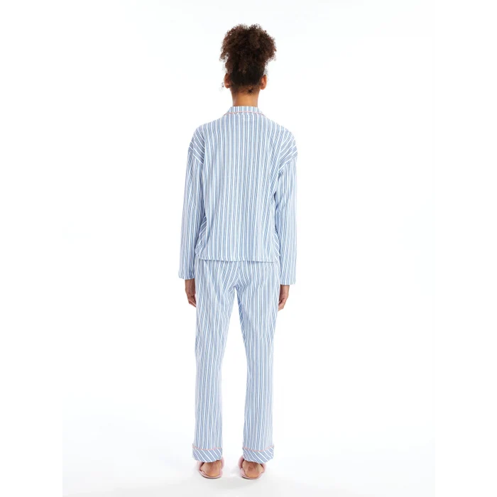 LCW DREAM EKRU Gömlek Yaka Çizgili Uzun Kollu Kadın Pijama Takımı