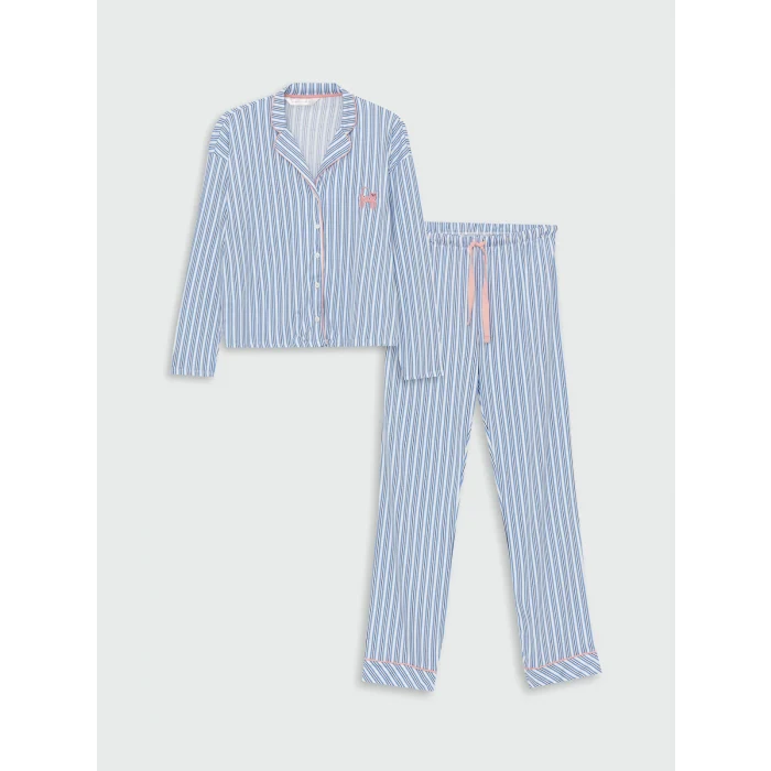 LCW DREAM EKRU Gömlek Yaka Çizgili Uzun Kollu Kadın Pijama Takımı