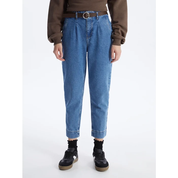 LCW Jeans İNDİGO Beli Kemerli Mom Fit Kadın Jean Pantolon