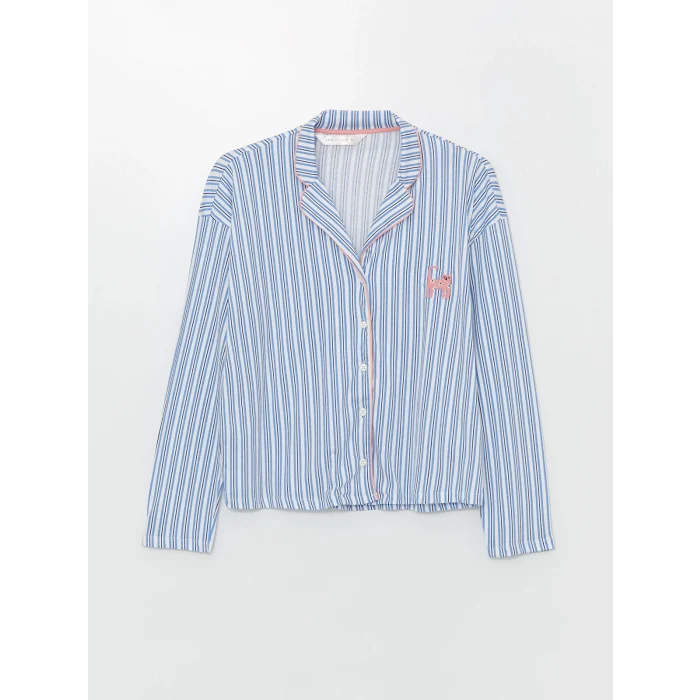 LCW DREAM EKRU Gömlek Yaka Çizgili Uzun Kollu Kadın Pijama Takımı