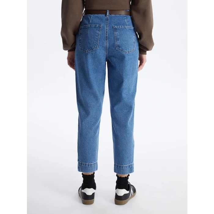 LCW Jeans İNDİGO Beli Kemerli Mom Fit Kadın Jean Pantolon