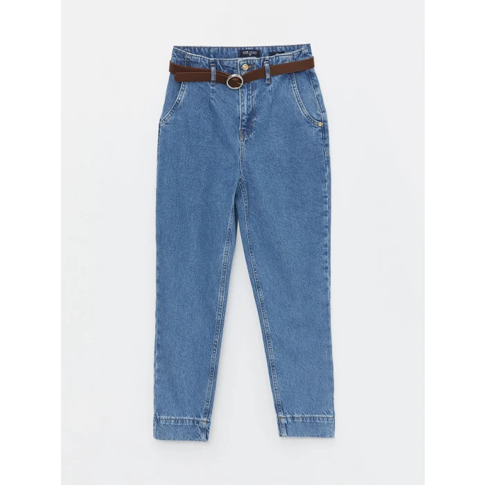LCW Jeans İNDİGO Beli Kemerli Mom Fit Kadın Jean Pantolon