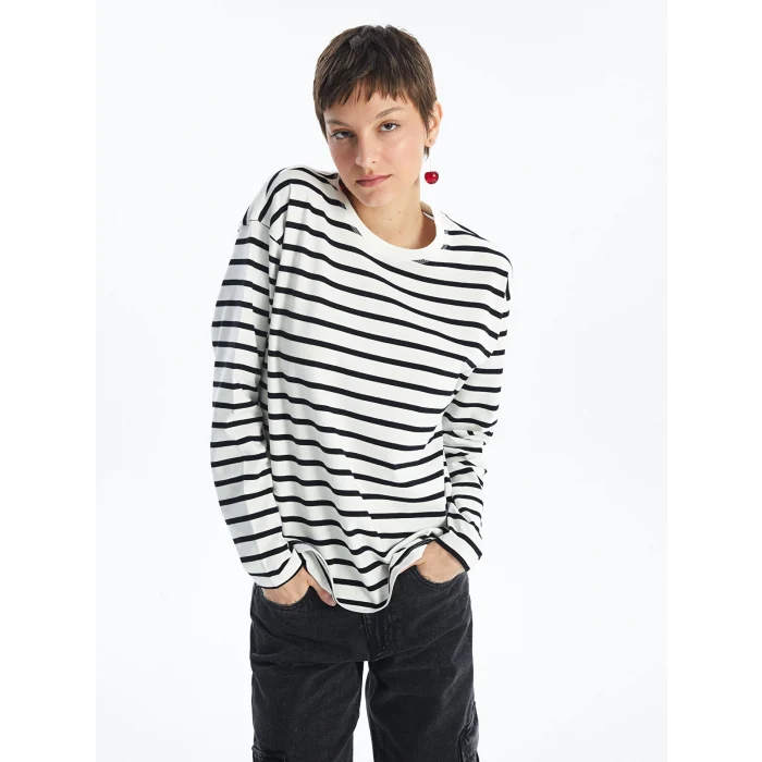 LCW Vision SİYAH Bisiklet Yaka Çizgili Kadın Tişört