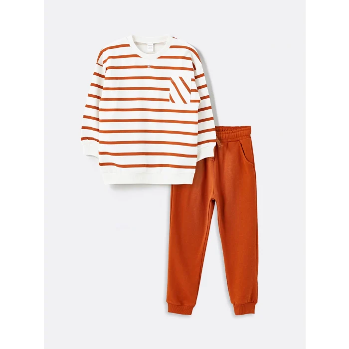 LCW Kids BEJ Çizgili Erkek Çocuk Tişört ve Eşofman Alt 2li