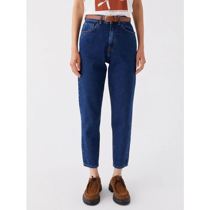 LCW Jeans İNDİGO Beli Kemerli Mom Fit Kadın Jean Pantolon