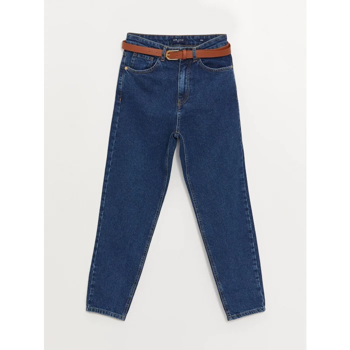 LCW Jeans İNDİGO Beli Kemerli Mom Fit Kadın Jean Pantolon