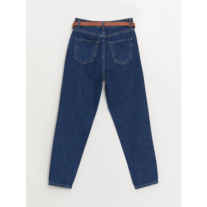 LCW Jeans İNDİGO Beli Kemerli Mom Fit Kadın Jean Pantolon