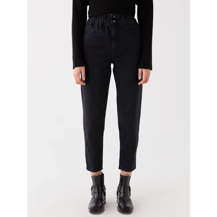 LCW Jeans SİYAH Beli Lastikli Slouchy Fit Kadın Jean Pantolon