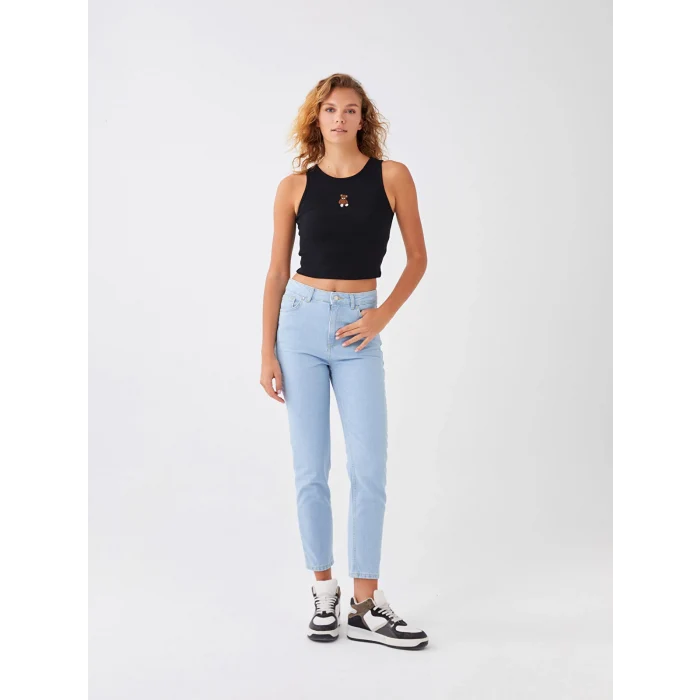 XSIDE MAVİ Yüksek Bel Mom Fit Bilek Boy Kadın Jean Pantolon