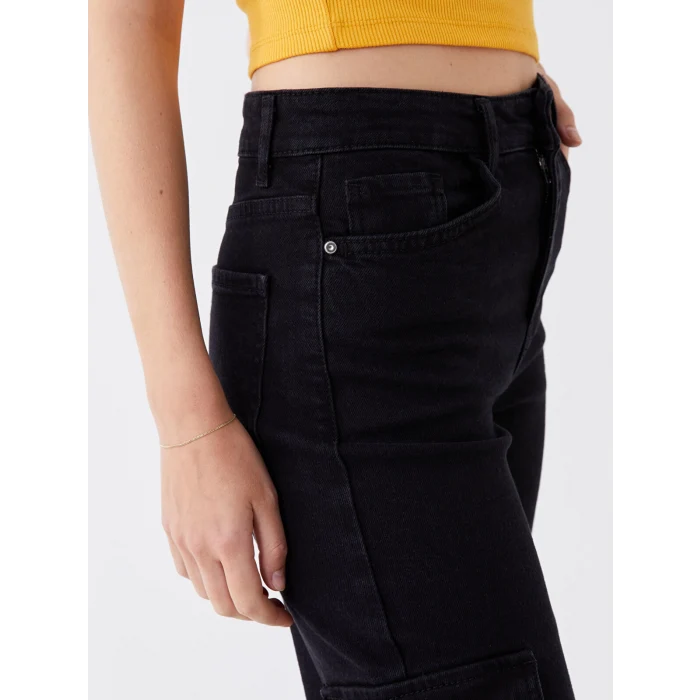 LCW Jeans SİYAH Yüksek Bel Wideleg Kadın Kargo Jean Pantolon