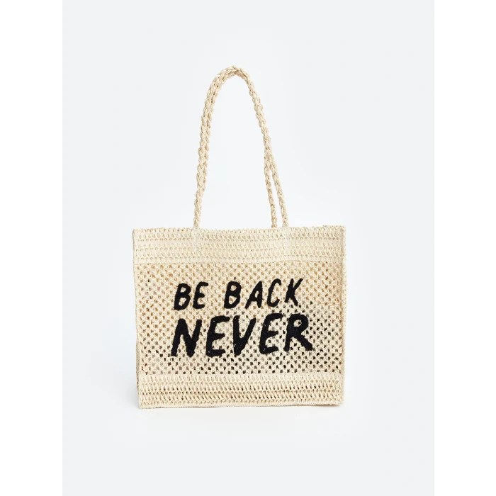 LCW ACCESSORIES EKRU Yazı Baskılı Kadın Hasır Kol Çantası